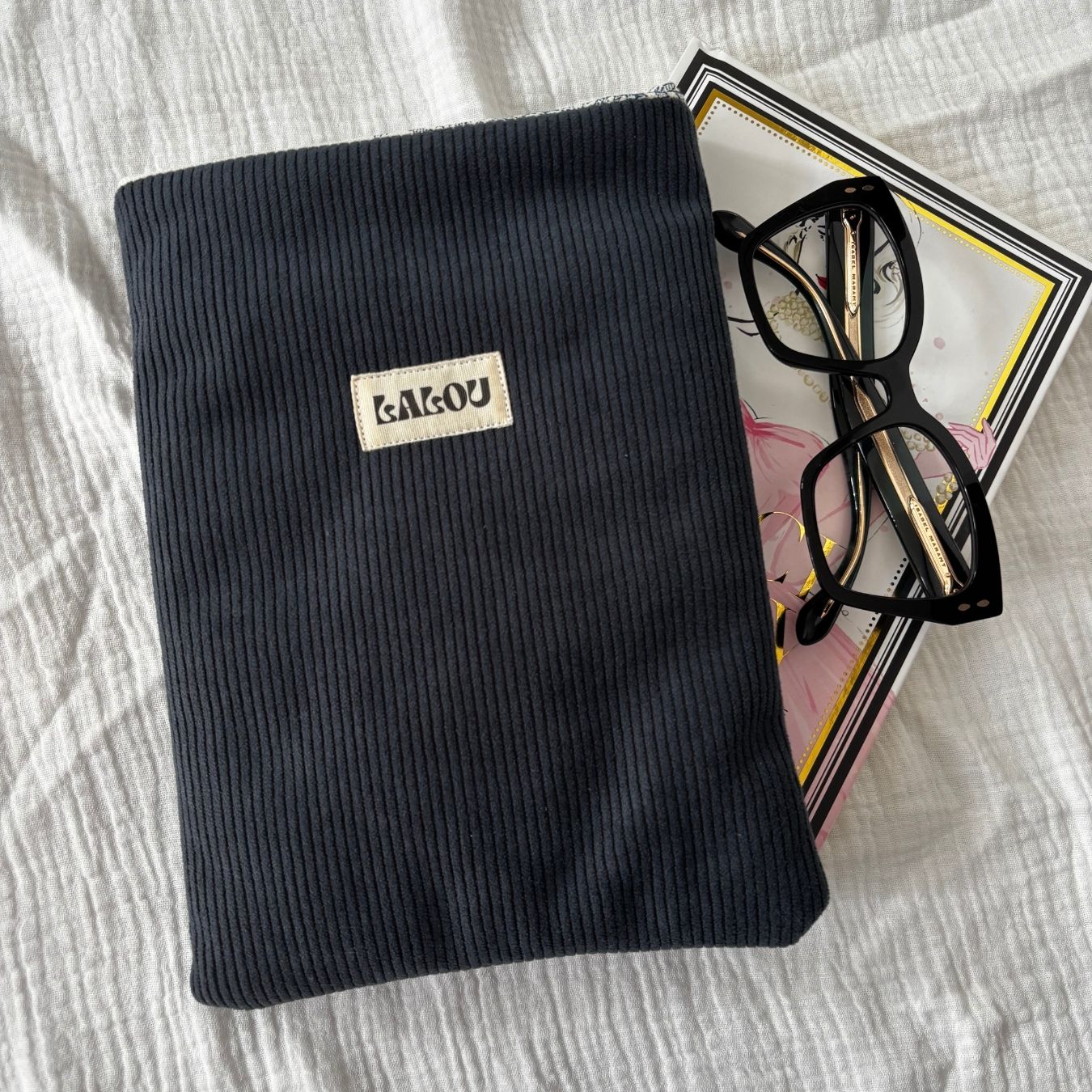 Housse de livre - Velours et Jouy bleu