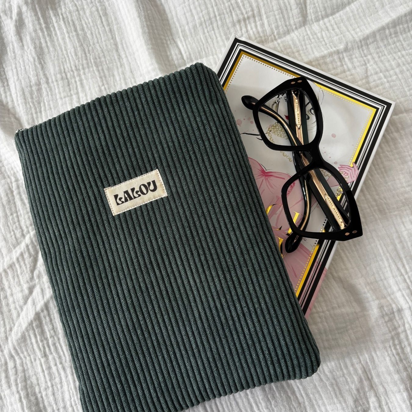 Housse de livre - Velours et Jouy vert